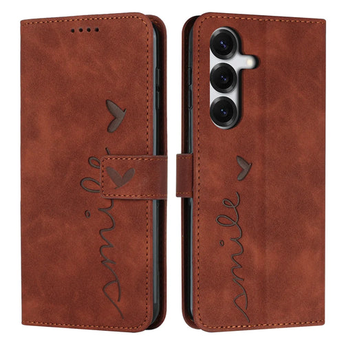 For Samsung Galaxy S26 Stand Case PU Leather Phone Cover Imprinted Heart Pattern - Brown - 1