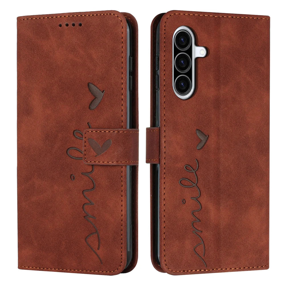 For Samsung Galaxy A57 5G Stand Case PU Leather Phone Cover Imprinted Heart Pattern - Brown - 1