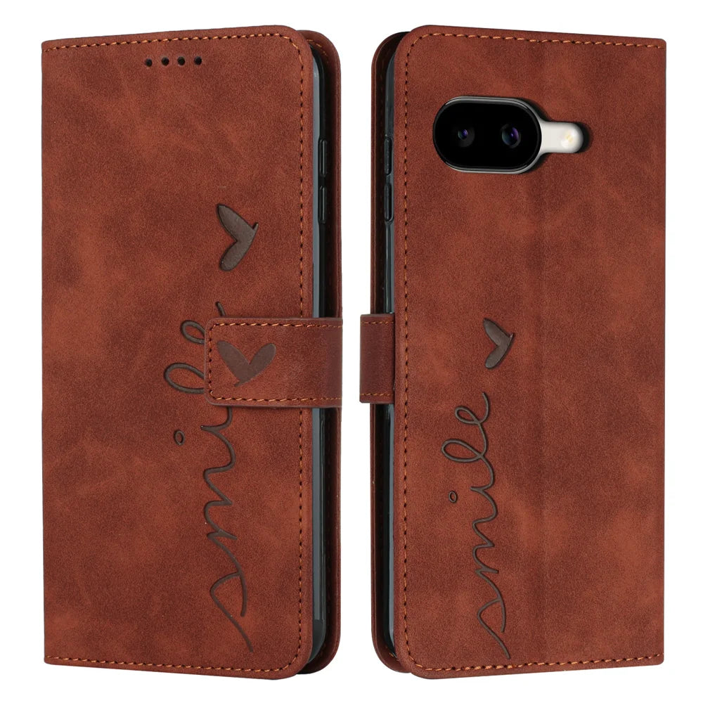 For Google Pixel 10a Stand Case PU Leather Phone Cover Imprinted Heart Pattern - Brown - 1