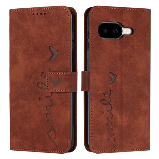 For Google Pixel 10a Stand Case PU Leather Phone Cover Imprinted Heart Pattern - Brown - 1