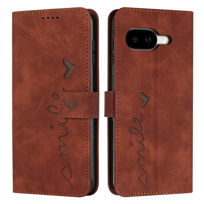 For Google Pixel 10a Stand Case PU Leather Phone Cover Imprinted Heart Pattern - Brown - 1