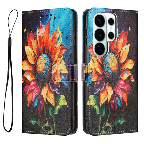 For Samsung Galaxy S26 Ultra Wallet Case Pattern Printing PU Leather Phone Cover with Lanyard - Sunflower - 1