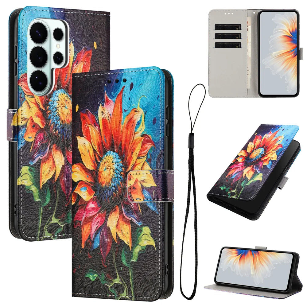 For Samsung Galaxy S26 Ultra Wallet Case Pattern Printing PU Leather Phone Cover with Lanyard - Sunflower - 2
