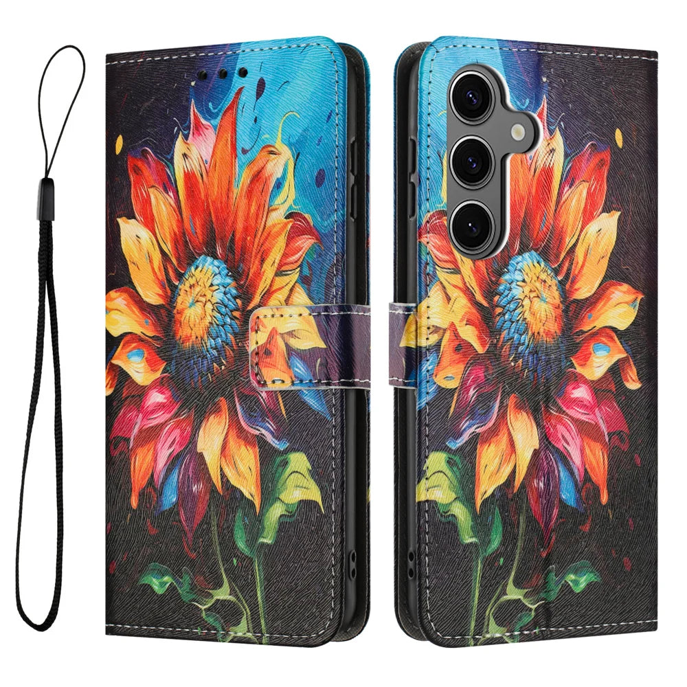 For Samsung Galaxy S26 Wallet Case Pattern Printing PU Leather Phone Cover with Lanyard - Sunflower - 1