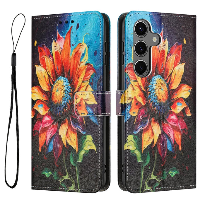 For Samsung Galaxy S26 Wallet Case Pattern Printing PU Leather Phone Cover with Lanyard - Sunflower - 1