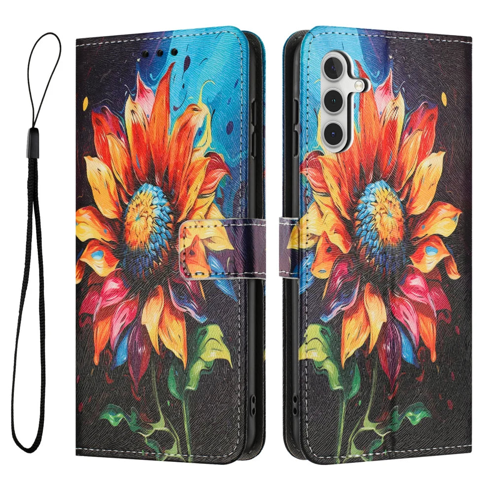 For Samsung Galaxy A57 5G Wallet Case Pattern Printing PU Leather Phone Cover with Lanyard - Sunflower - 1