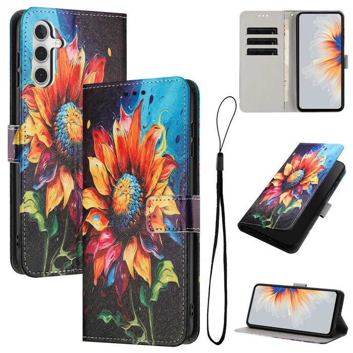 For Samsung Galaxy A57 5G Wallet Case Pattern Printing PU Leather Phone Cover with Lanyard - Sunflower - 2