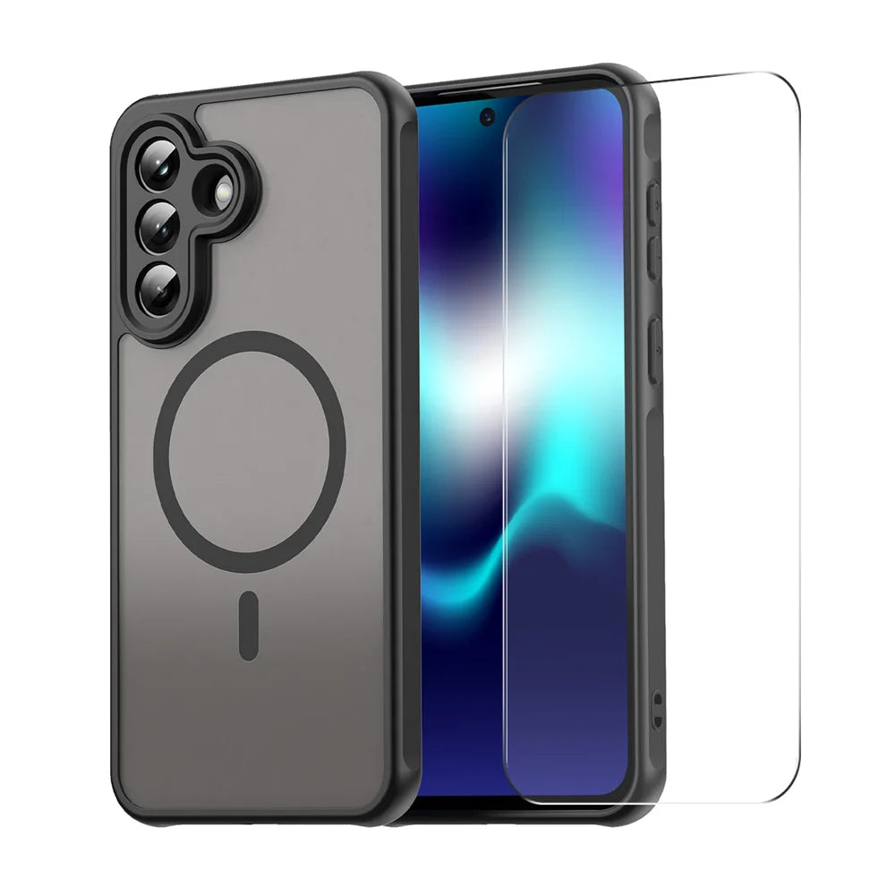 ENKAY HAT PRINCE For Samsung Galaxy A57 5G   Magnetic Case with 9H Tempered Glass PC TPU Matte Phone Cover - Black - 1