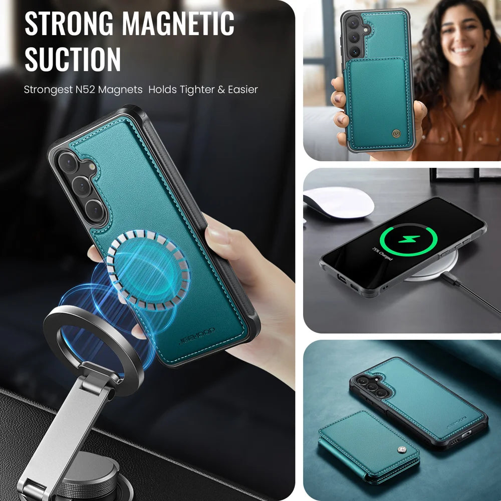 JEEHOOD For Samsung Galaxy S26+ Case  J05 Leather Mobile Cover with Detachable Magnetic Card Bag - Blue - 3