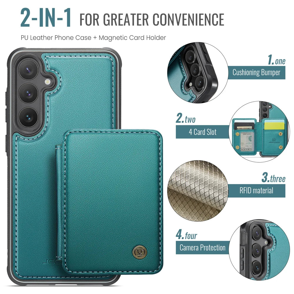 JEEHOOD For Samsung Galaxy S26+ Case  J05 Leather Mobile Cover with Detachable Magnetic Card Bag - Blue - 5