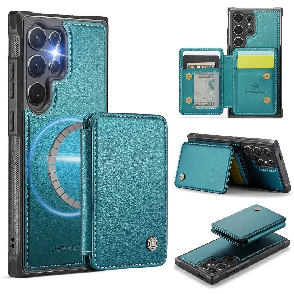 JEEHOOD For Samsung Galaxy S26 Ultra Case  J05 Leather Mobile Cover with Detachable Magnetic Card Bag - Blue - 1