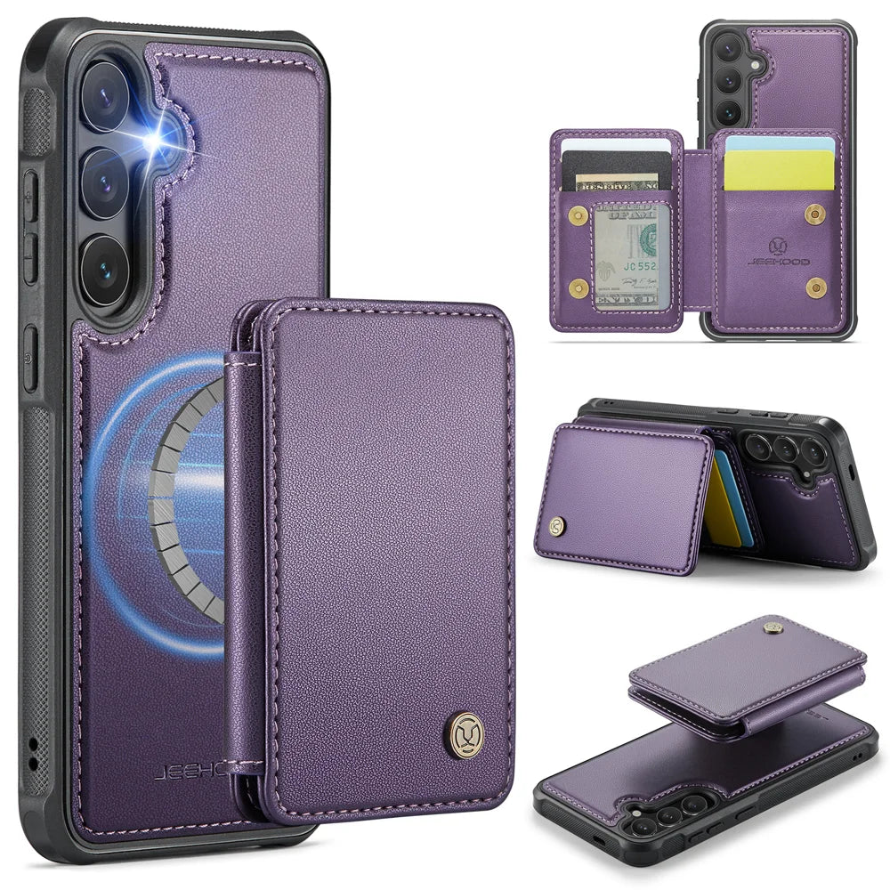 JEEHOOD For Samsung Galaxy S26 Case  J05 Leather Mobile Cover with Detachable Magnetic Card Bag - Purple - 1