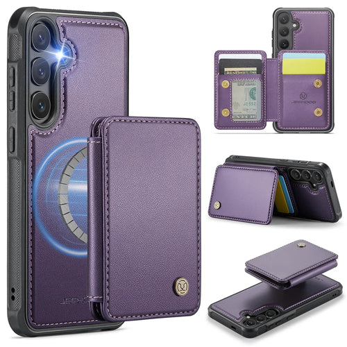 JEEHOOD For Samsung Galaxy S26 Case  J05 Leather Mobile Cover with Detachable Magnetic Card Bag - Purple - 1
