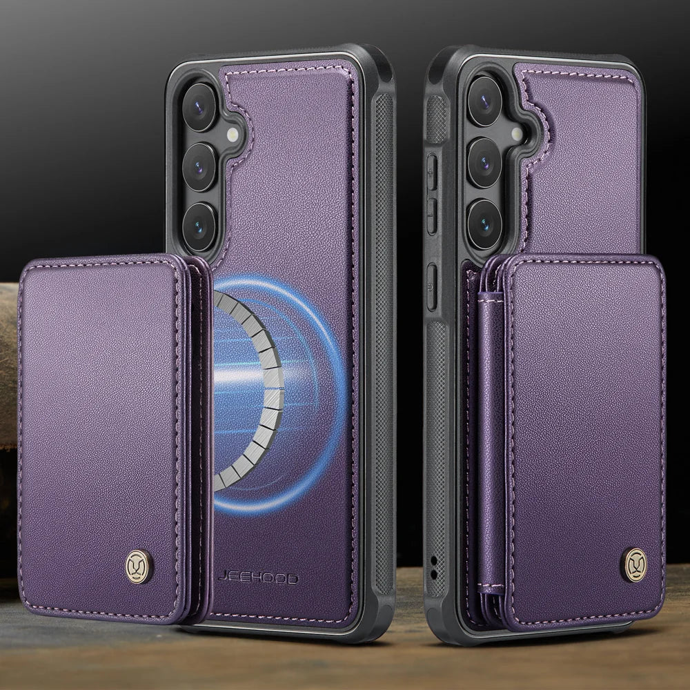 JEEHOOD For Samsung Galaxy S26 Case  J05 Leather Mobile Cover with Detachable Magnetic Card Bag - Purple - 4