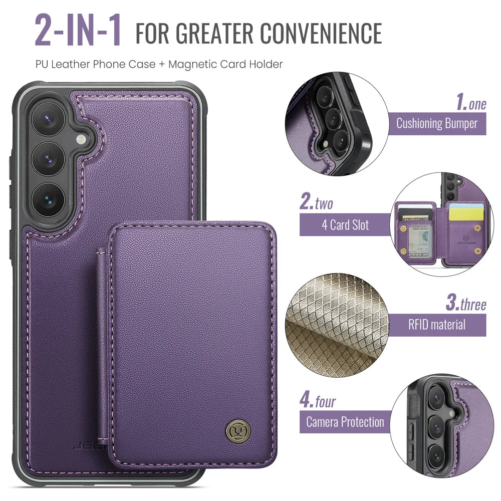 JEEHOOD For Samsung Galaxy S26 Case  J05 Leather Mobile Cover with Detachable Magnetic Card Bag - Purple - 5