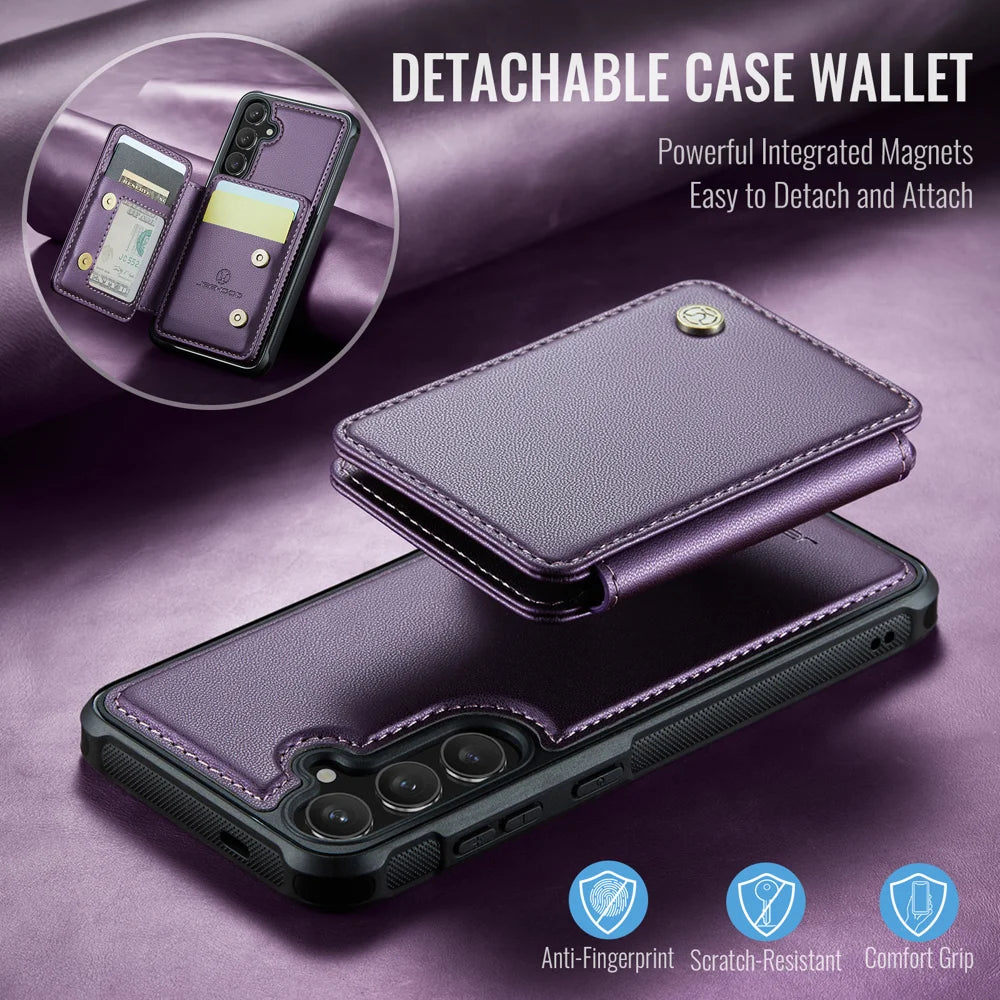 JEEHOOD For Samsung Galaxy S26 Case  J05 Leather Mobile Cover with Detachable Magnetic Card Bag - Purple - 7