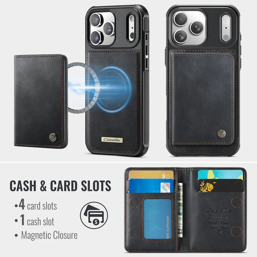 CASEME For iPhone 18 Pro / 17 Pro Magnetic Case  ME80 Series Leather PC TPU Phone Cover with Detachable Wallet - Black - 3
