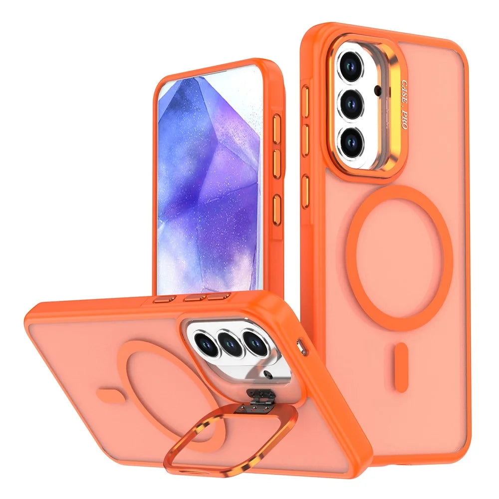 For Samsung Galaxy S26+ Magnetic Case Foldable Kickstand Matte PC + TPU Phone Cover - Orange - 1
