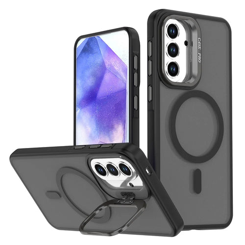 For Samsung Galaxy S25+  /  S24+ Magnetic Case Foldable Kickstand Matte PC + TPU Phone Cover - Black - 1