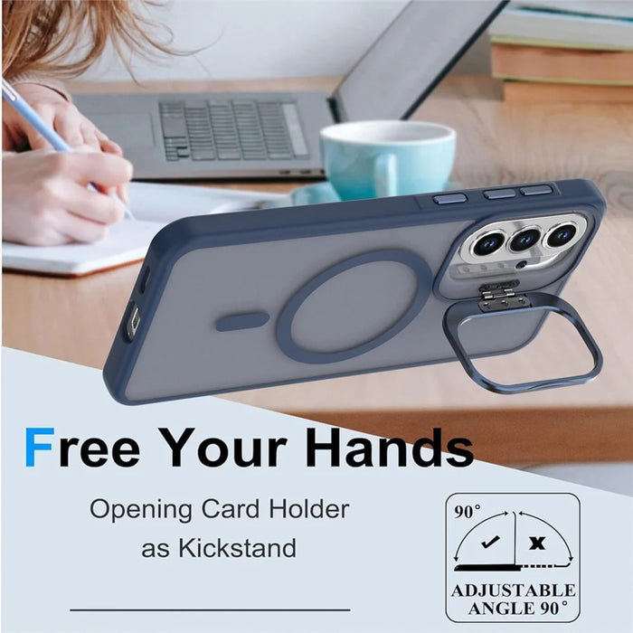 For Samsung Galaxy S25 FE Magnetic Case Foldable Kickstand Matte PC + TPU Phone Cover - Blue - 2