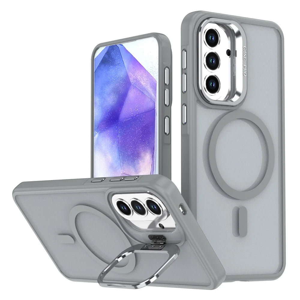 For Samsung Galaxy S24 FE Magnetic Case Foldable Kickstand Matte PC + TPU Phone Cover - Grey - 1