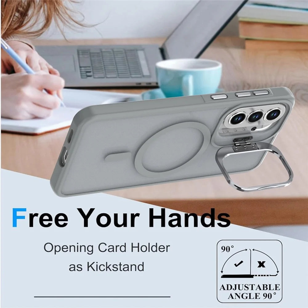 For Samsung Galaxy S24 FE Magnetic Case Foldable Kickstand Matte PC + TPU Phone Cover - Grey - 2