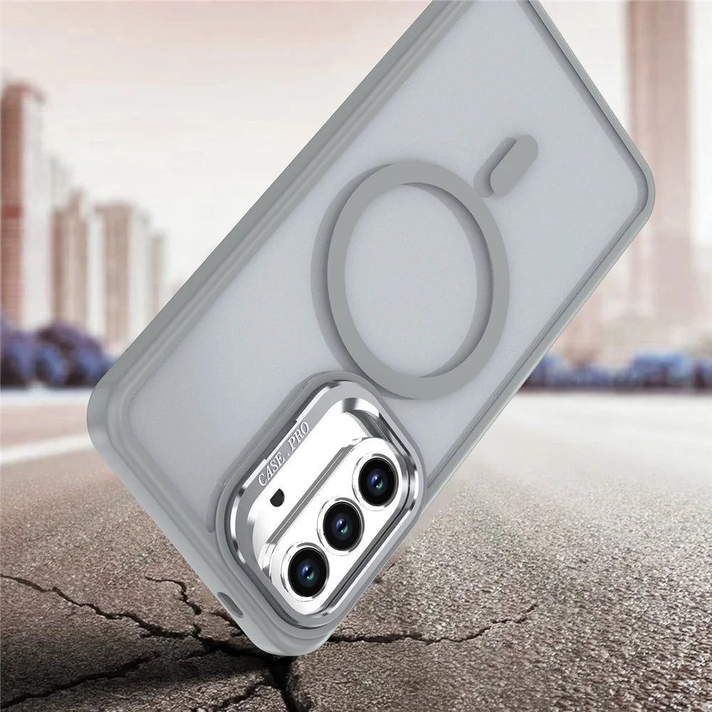 For Samsung Galaxy S24 FE Magnetic Case Foldable Kickstand Matte PC + TPU Phone Cover - Grey - 5
