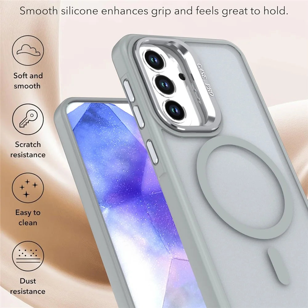 For Samsung Galaxy S24 FE Magnetic Case Foldable Kickstand Matte PC + TPU Phone Cover - Grey - 6