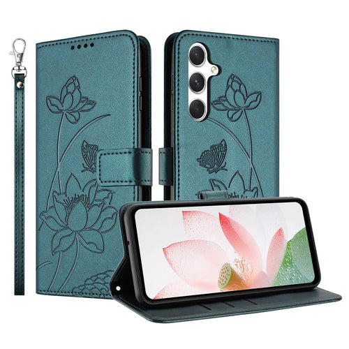 For Samsung Galaxy A57 5G Case Wallet Stand Lotus Imprint Leather Phone Cover with Wrist Strap - Dark Green - 1