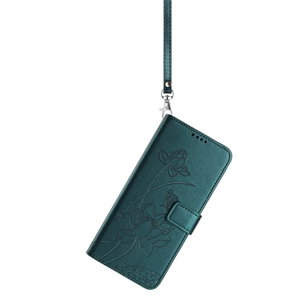 For Samsung Galaxy A57 5G Case Wallet Stand Lotus Imprint Leather Phone Cover with Wrist Strap - Dark Green - 3