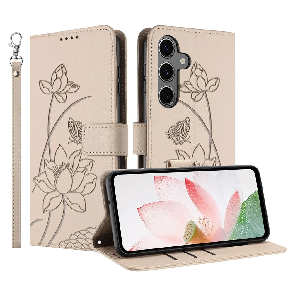 For Samsung Galaxy S26 Case Wallet Stand Lotus Imprint Leather Phone Cover with Wrist Strap - Beige - 1