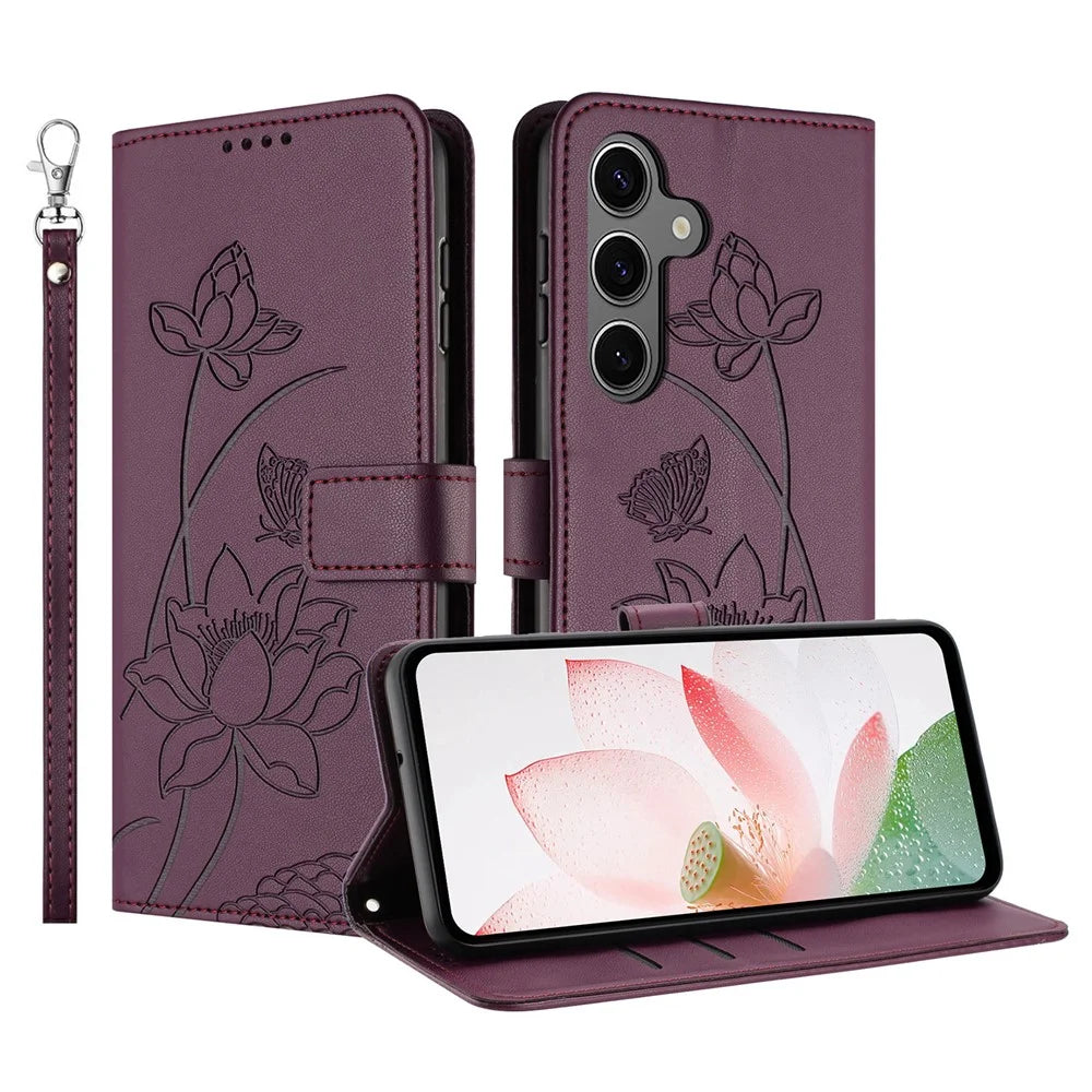 For Samsung Galaxy S26+ Case Wallet Stand Lotus Imprint Leather Phone Cover with Wrist Strap - Wine Red - 1