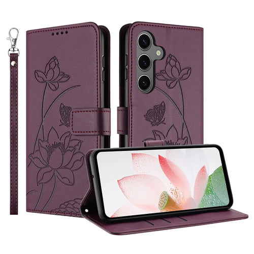 For Samsung Galaxy S26+ Case Wallet Stand Lotus Imprint Leather Phone Cover with Wrist Strap - Wine Red - 1