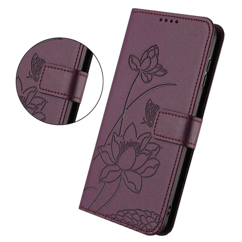 For Samsung Galaxy S26+ Case Wallet Stand Lotus Imprint Leather Phone Cover with Wrist Strap - Wine Red - 2