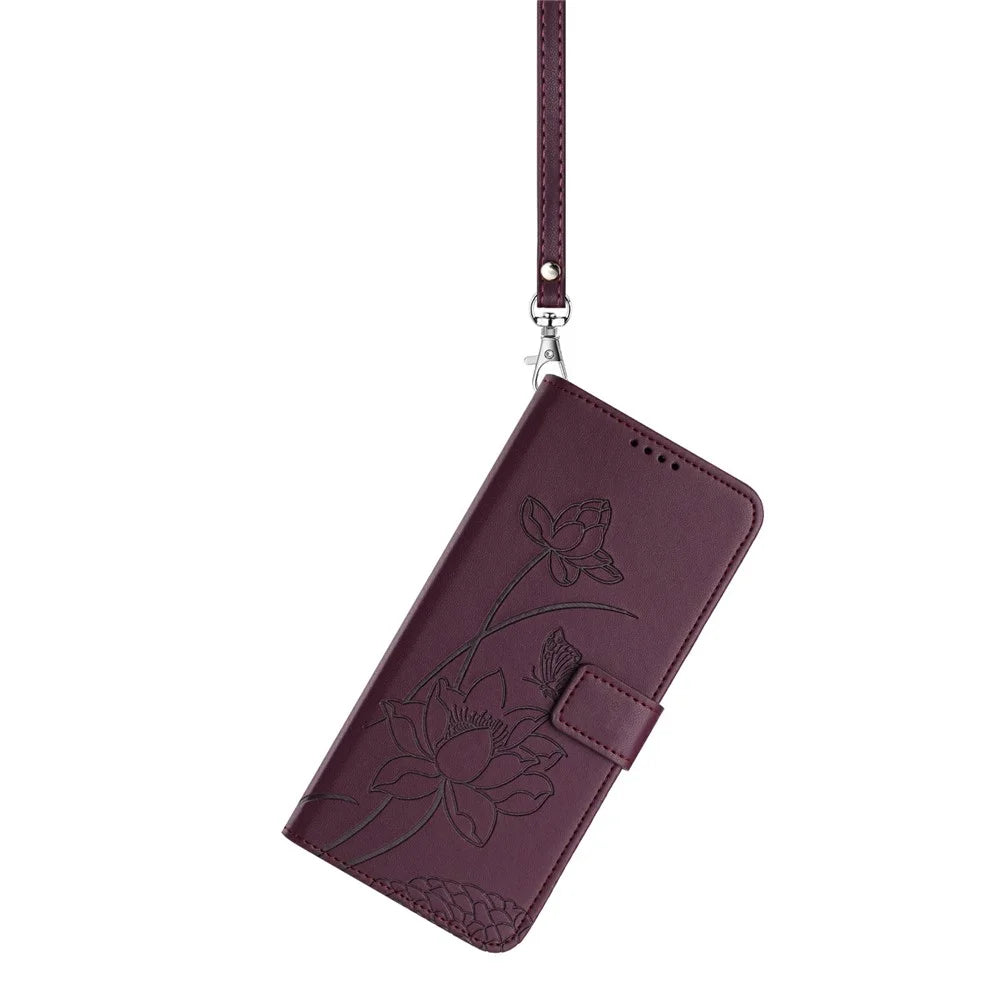 For Samsung Galaxy S26+ Case Wallet Stand Lotus Imprint Leather Phone Cover with Wrist Strap - Wine Red - 3