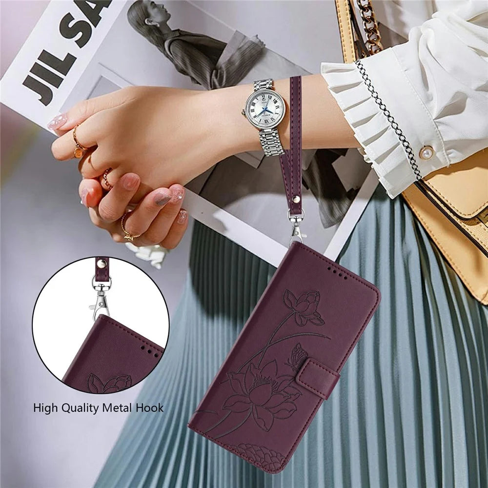 For Samsung Galaxy S26+ Case Wallet Stand Lotus Imprint Leather Phone Cover with Wrist Strap - Wine Red - 5