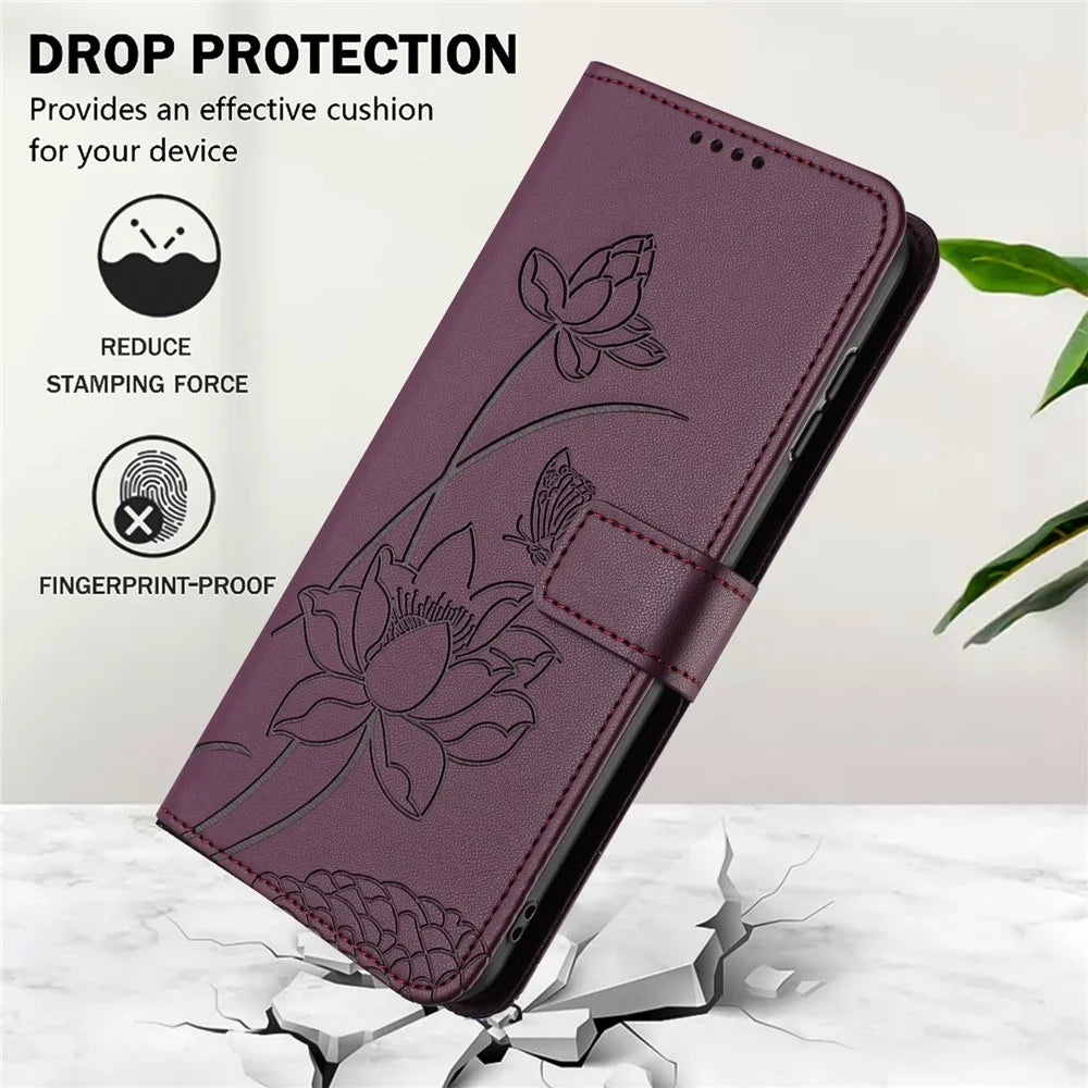 For Samsung Galaxy S26+ Case Wallet Stand Lotus Imprint Leather Phone Cover with Wrist Strap - Wine Red - 7