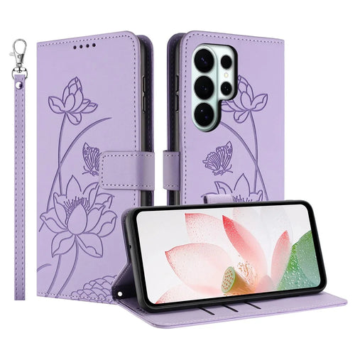 For Samsung Galaxy S26 Ultra Case Wallet Stand Lotus Imprint Leather Phone Cover with Wrist Strap - Purple - 1