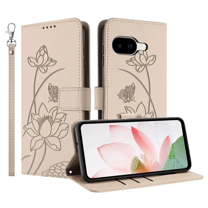 For Google Pixel 10a Case Wallet Stand Lotus Imprint Leather Phone Cover with Wrist Strap - Beige - 1