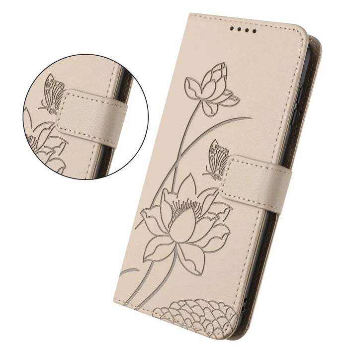 For Google Pixel 10a Case Wallet Stand Lotus Imprint Leather Phone Cover with Wrist Strap - Beige - 2