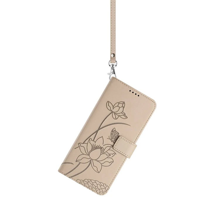 For Google Pixel 10a Case Wallet Stand Lotus Imprint Leather Phone Cover with Wrist Strap - Beige - 3