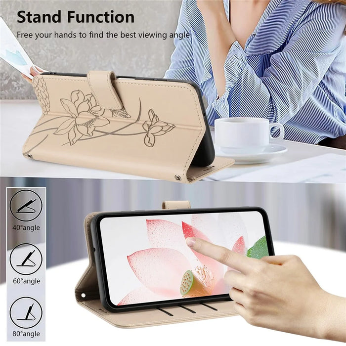 For Google Pixel 10a Case Wallet Stand Lotus Imprint Leather Phone Cover with Wrist Strap - Beige - 4