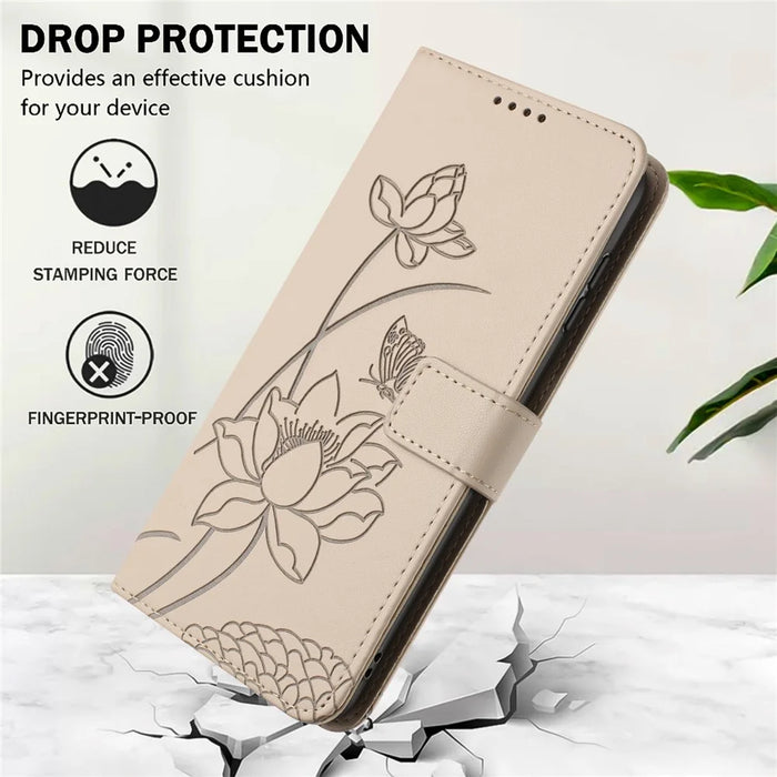 For Google Pixel 10a Case Wallet Stand Lotus Imprint Leather Phone Cover with Wrist Strap - Beige - 7