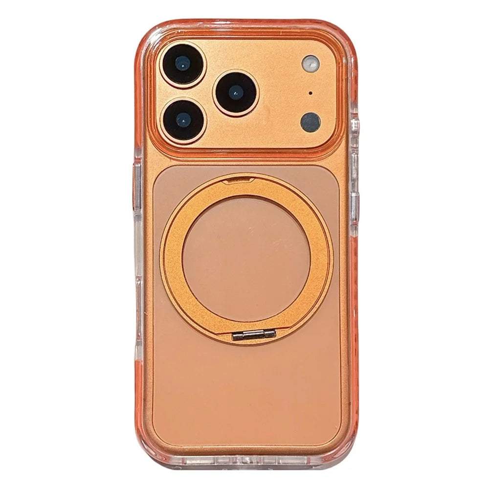 For iPhone 17 Pro Max Case Rotating Kickstand TPU PC Clear Phone Cover with Metal Buttons - Orange - 1