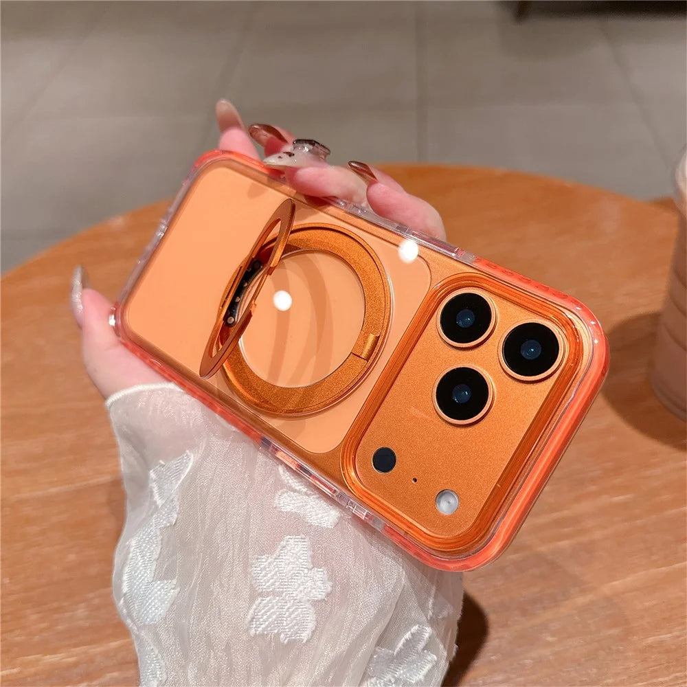 For iPhone 17 Pro Max Case Rotating Kickstand TPU PC Clear Phone Cover with Metal Buttons - Orange - 2