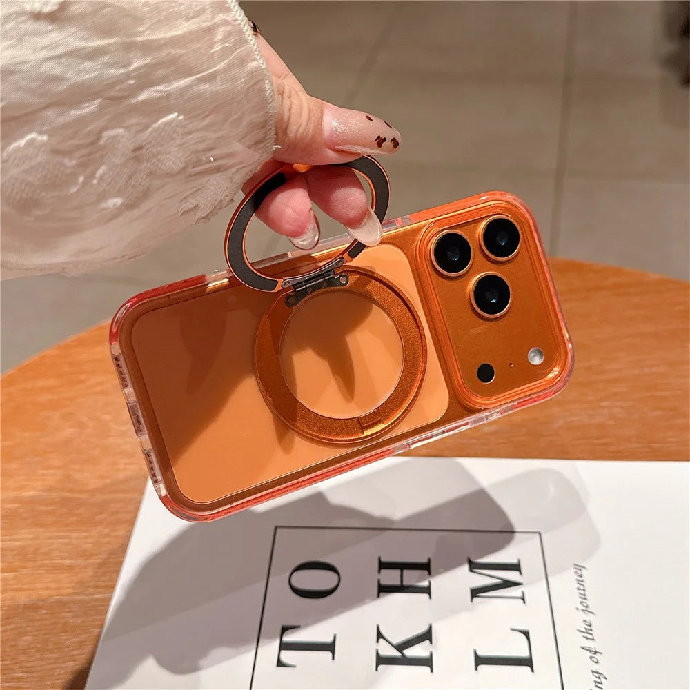 For iPhone 17 Pro Max Case Rotating Kickstand TPU PC Clear Phone Cover with Metal Buttons - Orange - 3