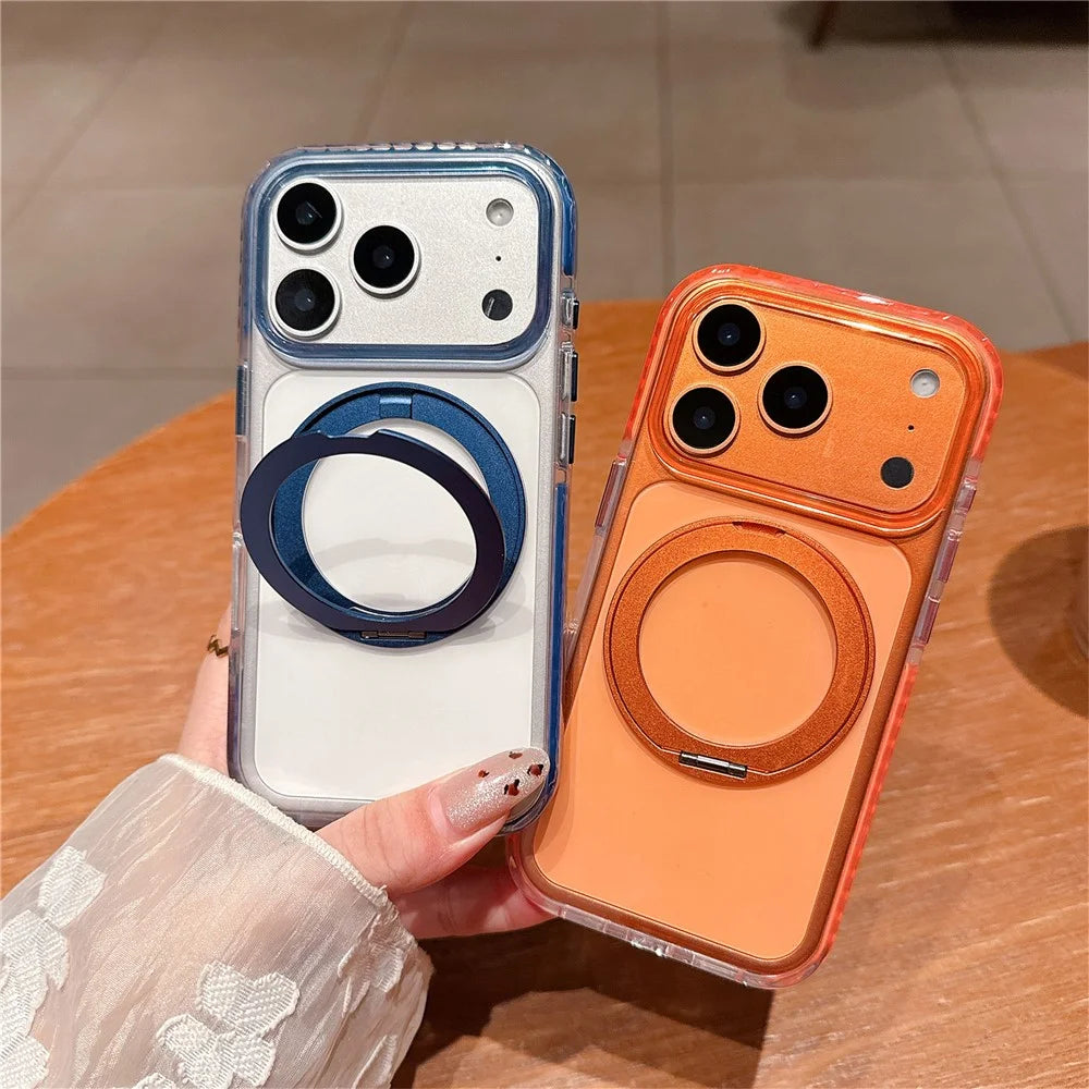 For iPhone 17 Pro Max Case Rotating Kickstand TPU PC Clear Phone Cover with Metal Buttons - Orange - 5