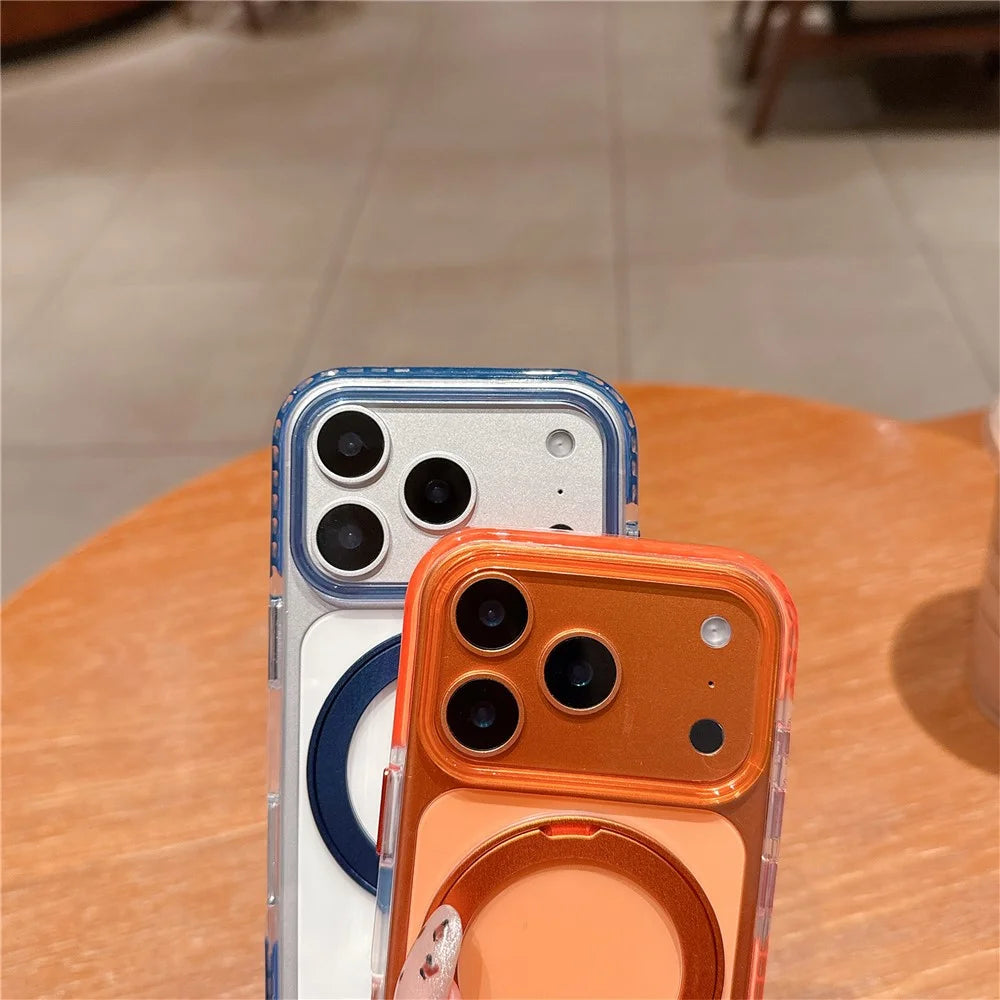 For iPhone 17 Pro Max Case Rotating Kickstand TPU PC Clear Phone Cover with Metal Buttons - Orange - 6