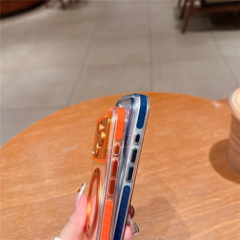 For iPhone 17 Pro Max Case Rotating Kickstand TPU PC Clear Phone Cover with Metal Buttons - Orange - 7