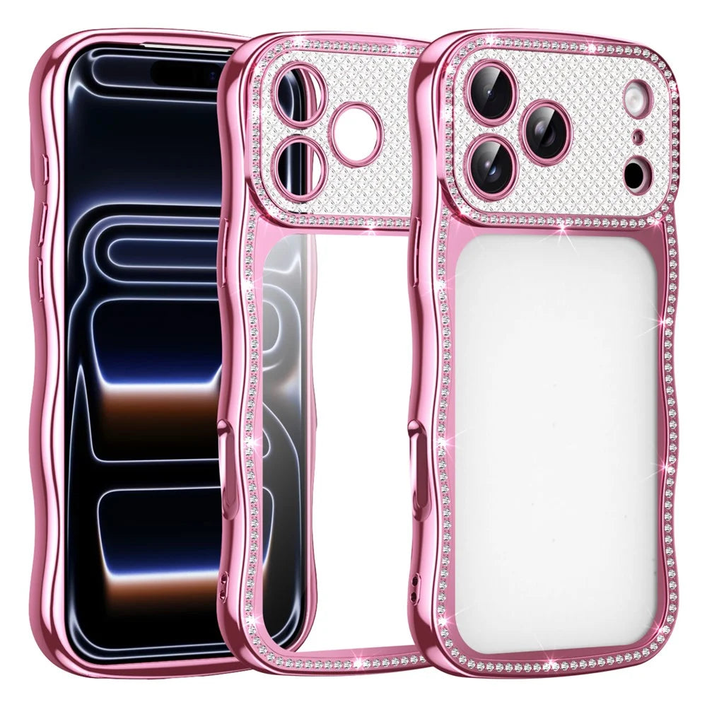 For iPhone  18 Pro / 17  Pro Case Electroplated Wave Frame Rhinestone Decor TPU Phone Cover - Pink - 1
